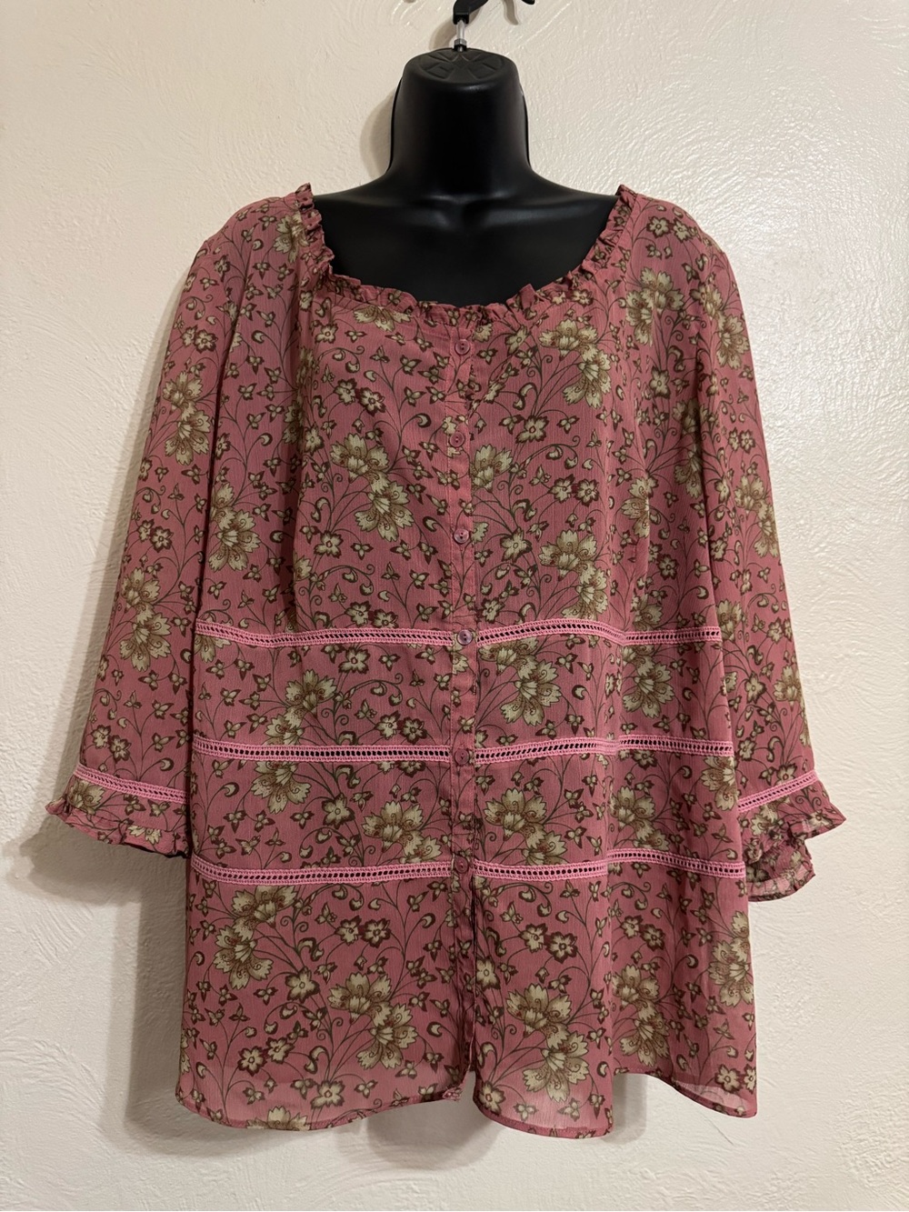 Dusty Rose Floral Peasant Blouse with Ruffle Neck
